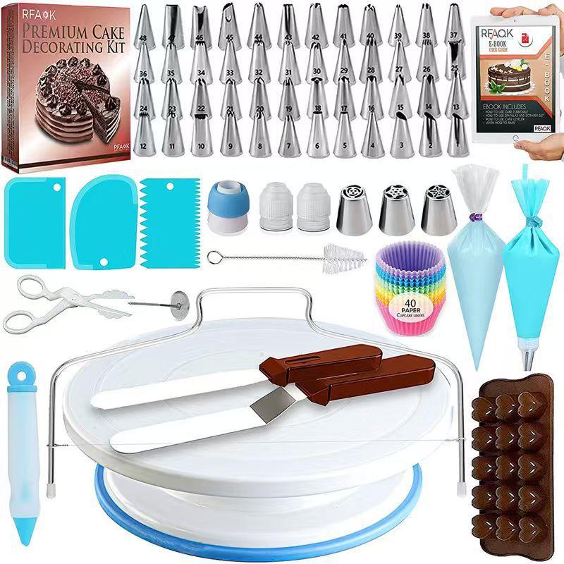 200 Pcs Cake Decorating Supplies Set, Icing Tips & Piping Bags, Disposable Cupcake Liners, Baking Turntable Kit