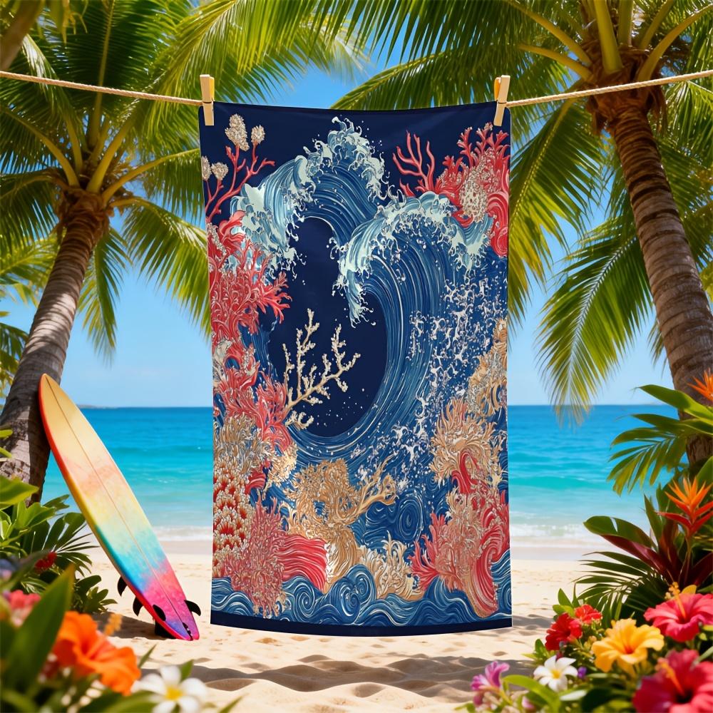 Japanese Wave Ocean Beach Towel Vintage Nautical Coral Print Microfiber Quick Dry Oversized Beach Blanket for Summer Pool