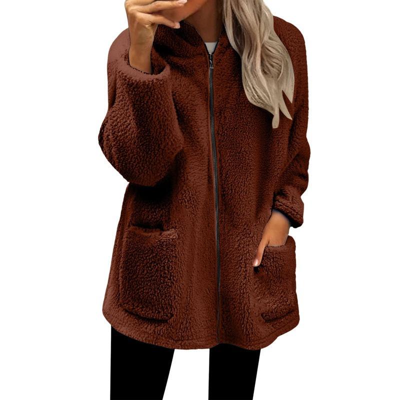 Women S Loose Plush Long Sleeve Hooded Zip Up Cardigan Coat