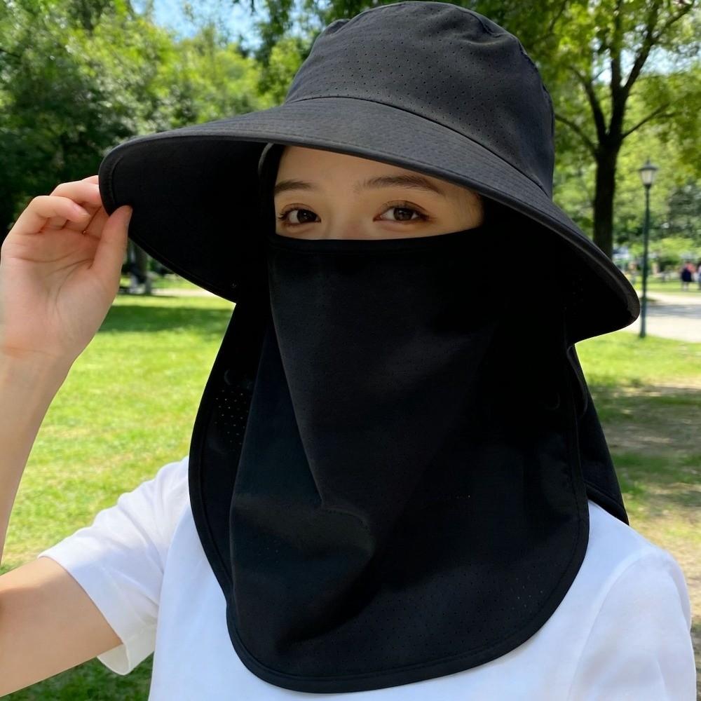 Solid Color Sunshade Sun Hat Wide-Brimmed Neck Protection Cap Windproof Rope Shawl Mask Hat  Travel