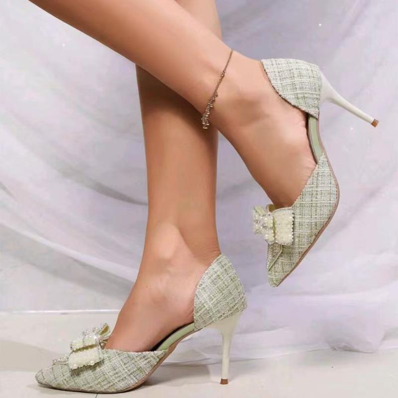 Black High Heels Women's Thin Heels Pointed Head New Year's New Bow Rhinestone Single Shoes Hollow Sandals Large Size