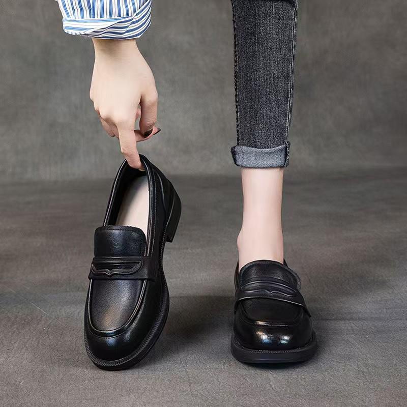 Leather retro one-pedal lazy shoes women's thick heel single shoes new small leather shoes flat bottom