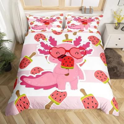 Süßes Axolotl Bettwäscheset Cartoon Wassermelone Salamander Bettwäscheset Kawaii Meeresleben Bettdeckenbezug Für Mädchen Einzelgröße