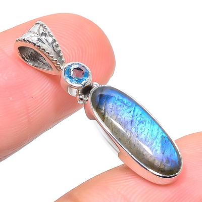 Natural Labradorite,Blue Topaz 925 Solid Sterling Silver Gift Pendant 1.26" M8M23