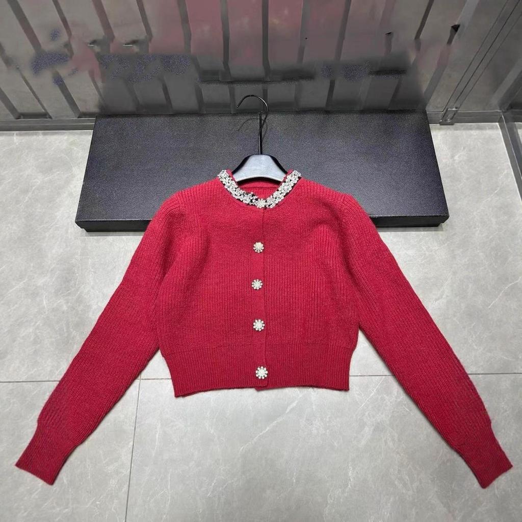 Xiangjia 2025 Autumn/Winter Rhinestone Collar Cardigan: Versatile Single-Breasted Knit Short Top
