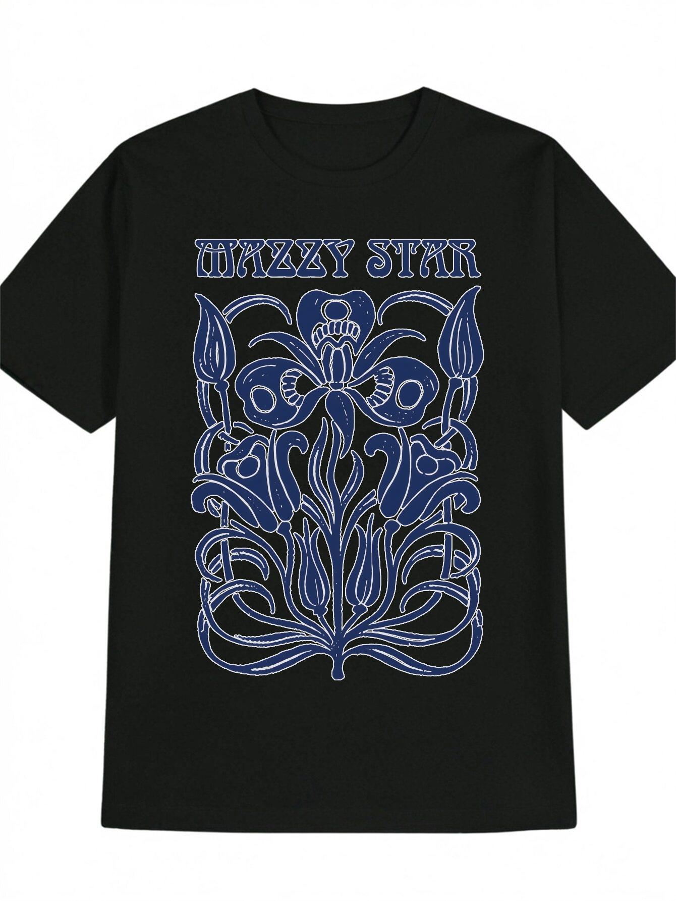 MAZZY STAR Casual Short Sleeve T-shirt - Black with Blue Floral Print S