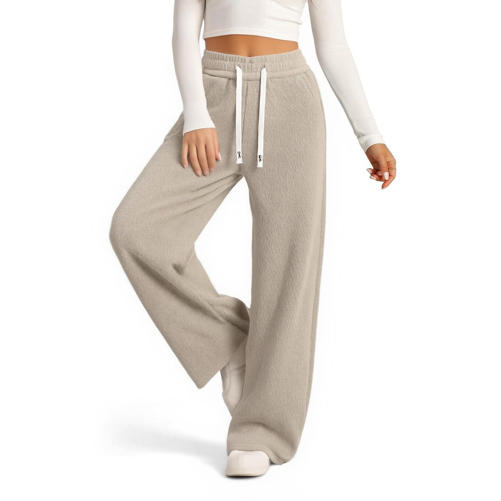 Women s Casual Fashion Color Elastic Waist Drawstring Pockets Wide Leg Straight Pants S