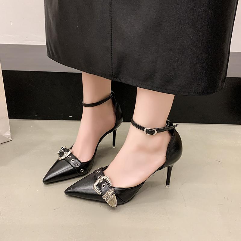 Fashion Pointed Toe High Heels Summer New Pointed Toe Shallow Mouth Metal Buckle One Buckle Strap Anti-Slip Wear-Resistant Sandals