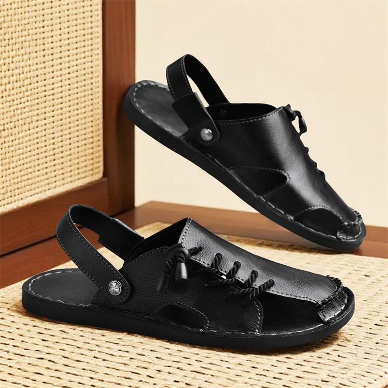 

Men Slippers Handmade Simple Flats Sandals Summer Roman Sandals Retro Black Brown Leather Beach Shoes Plus Size EU:45 чёрный