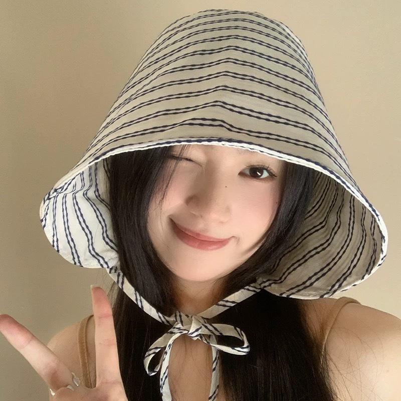Striped large brim wrap-around fisherman's hat children summer UV protection fashion sunshade versatile thin sunscreen hat