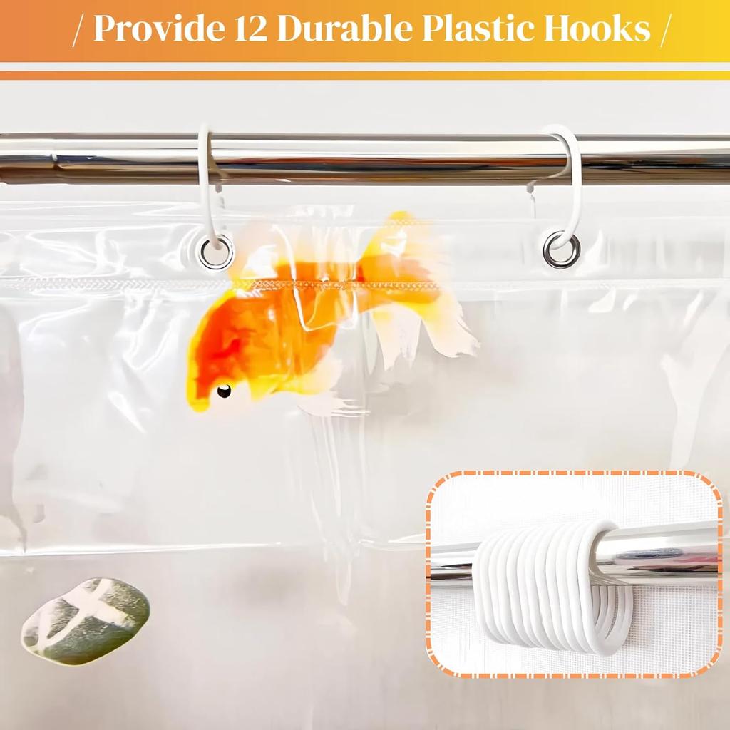 Hochwertiger PEVA Goldfisch Duschvorhang - Transparente Badezimmerdekoration mit Orangen Fischen und Stein-Design, Inklusive 12 Haken