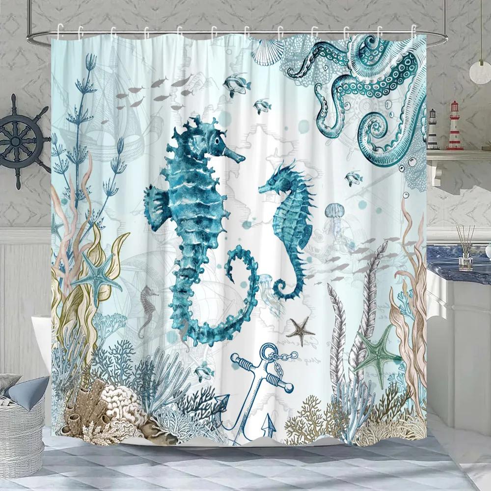 Ocean Animal Shower Curtain Underwater World Coral Nautical Sea Turtle Adventure Home Polyester Fabric Bathroom Decor Curtains
