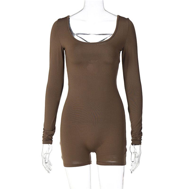 

European and American Sexy Silm Jumpsuit Shorts Female Sexy Jumpsuit Bodysuit Shorts Women Brown M