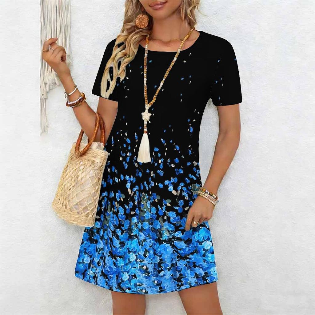 Damenmode Anmutig Schön Blumenmuster Sommer Frühling Kurzarm Rundhals Freizeitkleider