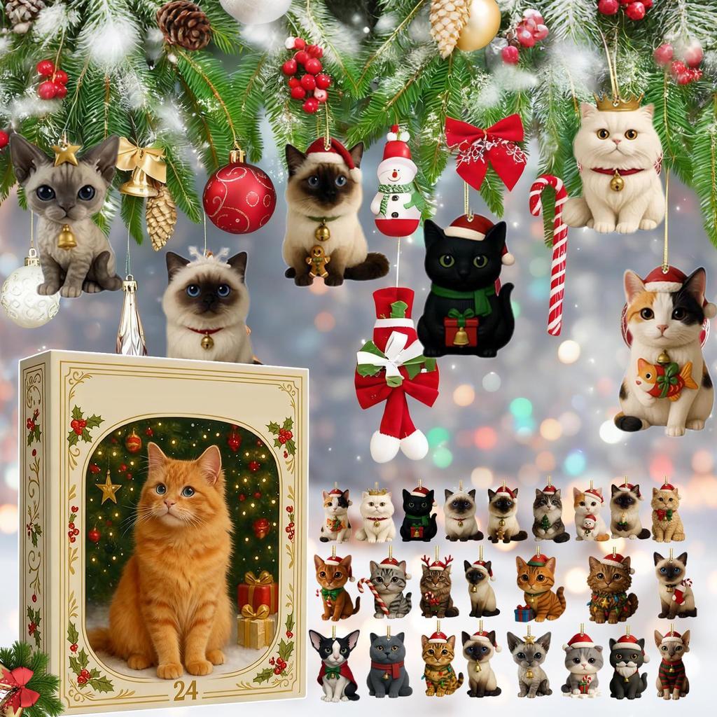 24Pcs 2D Acrylic Cute Kitten Advent Calendar 24 Days Christmas Countdown Xmas Tree Decor Advent Calendar for Cat Lovers Gifts
