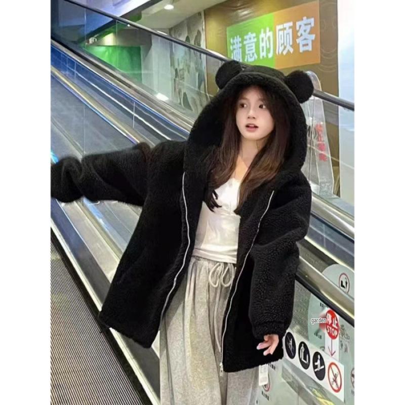 Slightly Plump Plus Size Lambswool Teddy Bear Coat with Black Bear Ears - Thick Fluffy Hooded Overcoat for Autumn and Winter