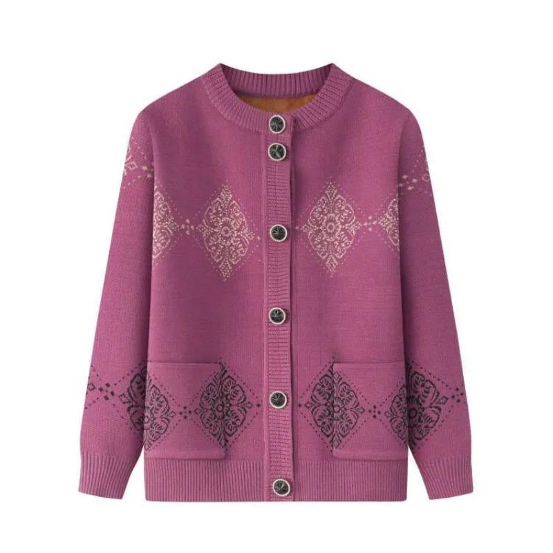 New Women's Autumn and Winter Spliced Round Neck Button Printed Pockets Fashionable Loose Casual Long-sleeved Knitted Cardigan