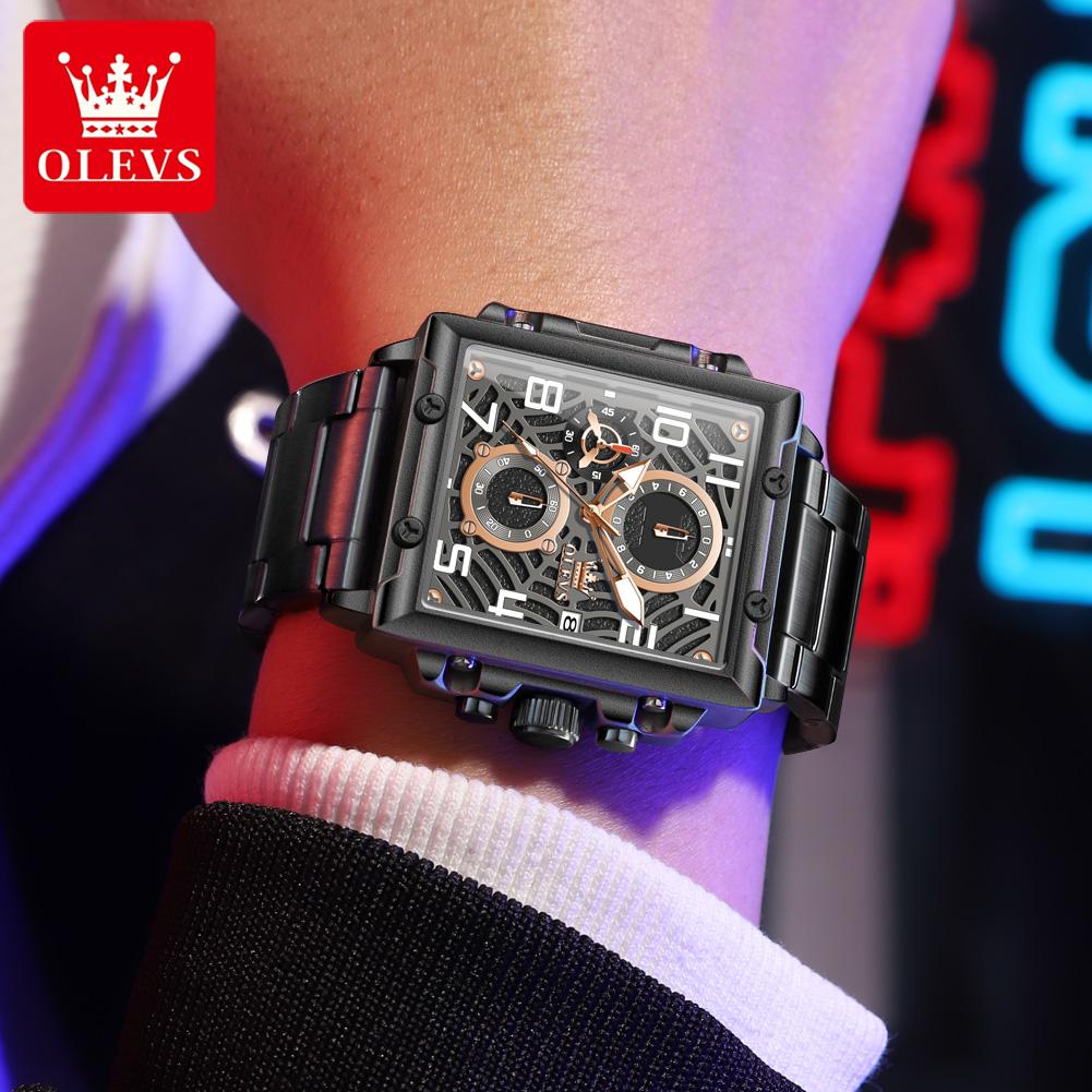 OLEVS 2958 Herrenuhren Top-Marke Quadratisches Zifferblatt Edelstahl Wasserdicht Leuchtend Sport Chronograph Quarz Armbanduhr für Mann