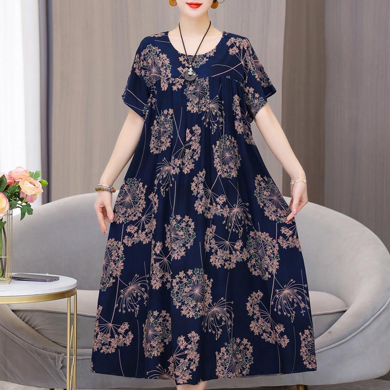 Plus Size Loose Vintage Print Langes Kleid für Damen Lässige Kurzarm-Sommer-Damenkleider