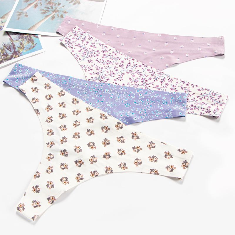 Female Spring and Summer Offset Printing Flower Breathable Fast Dry Low Waist Ice Silk Non-mark Thong Underwear