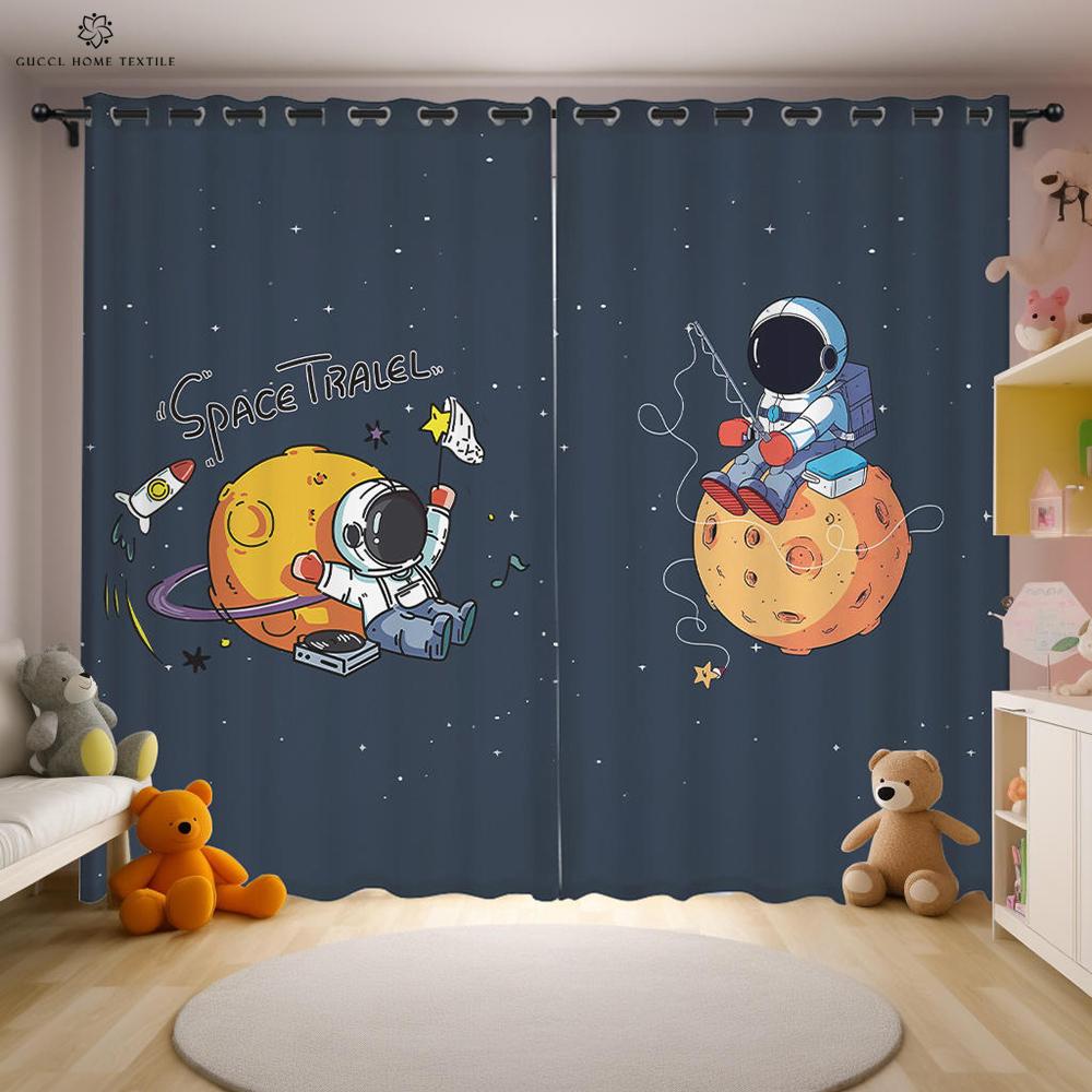 Cartoon Space Astronaut Curtains 2 Piece Puzzle Creative Printing Curtains Children's Room Kitchen Study Decorative Curtains