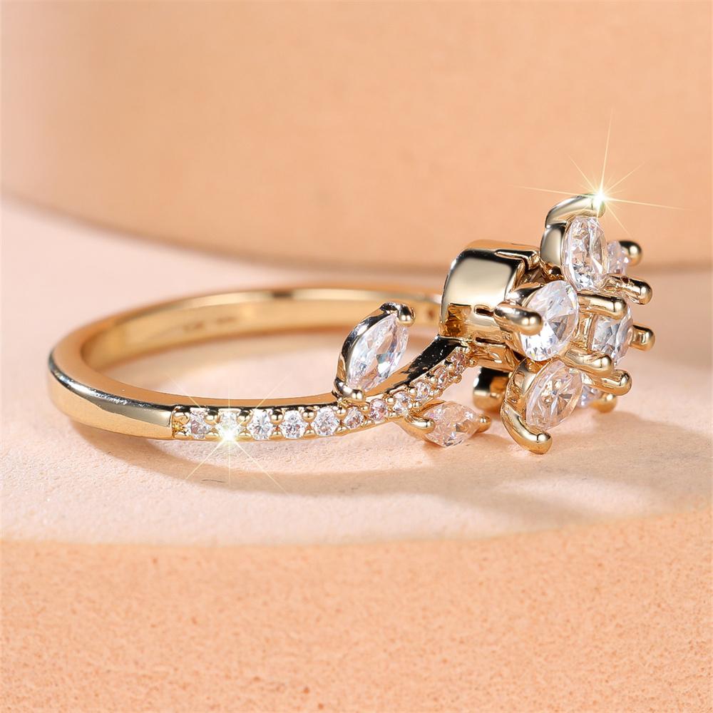 Cute Crystal Flower White Zircon Opening Rings For Women Vintage Gold Color Engagement Ring Wedding Jewelry Valentine'S Day Gift