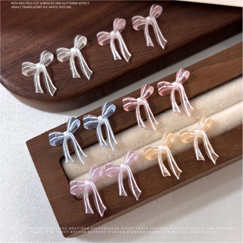 40 Pcs Soft Sculpted Clear Bow Nail Art Jewelry Mixed Jelly-Colored Matte Ribbon Bowknot Wearable Nail Decorations Diy Manicure