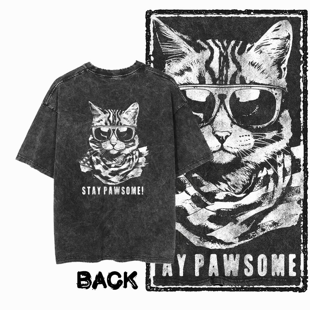 G Back Print Acid Washed Cotton oneck Cat Graphic Unisex Tshirt Streetwear Big Size Cool Vintage Unisexs Tee Tshirt