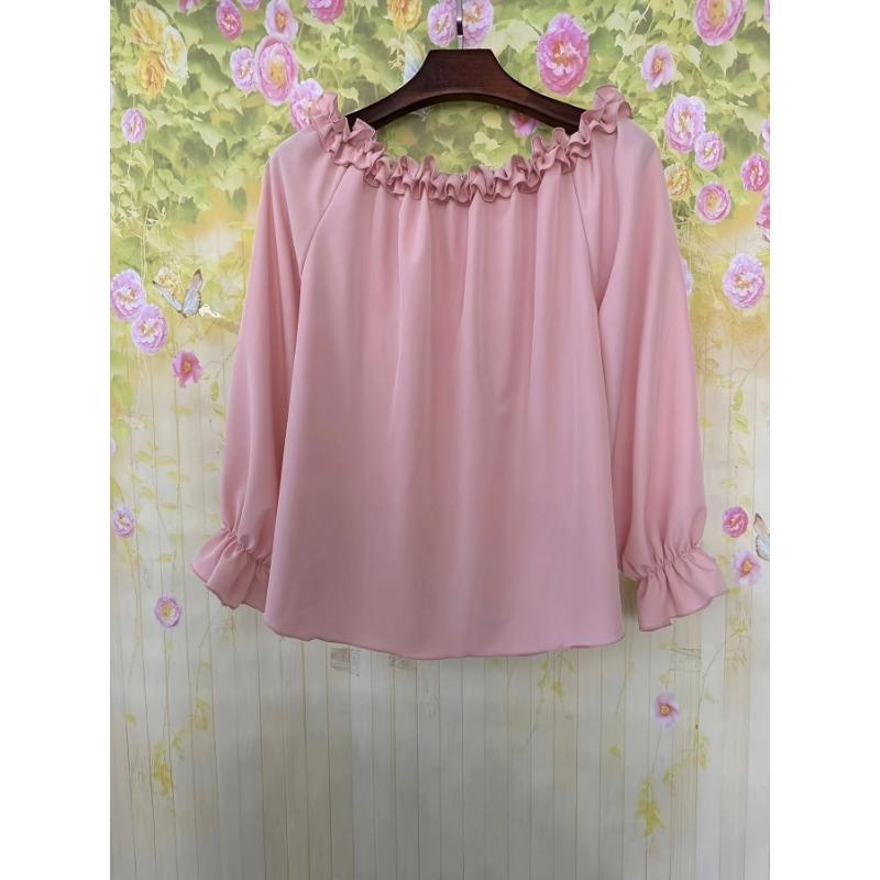 Elegant Fashion Casual Off-the-shoulder Women Blouse Long Sleeved Loose Simple Ruffled Shirt Office Ladies Tops Solid Color Tops