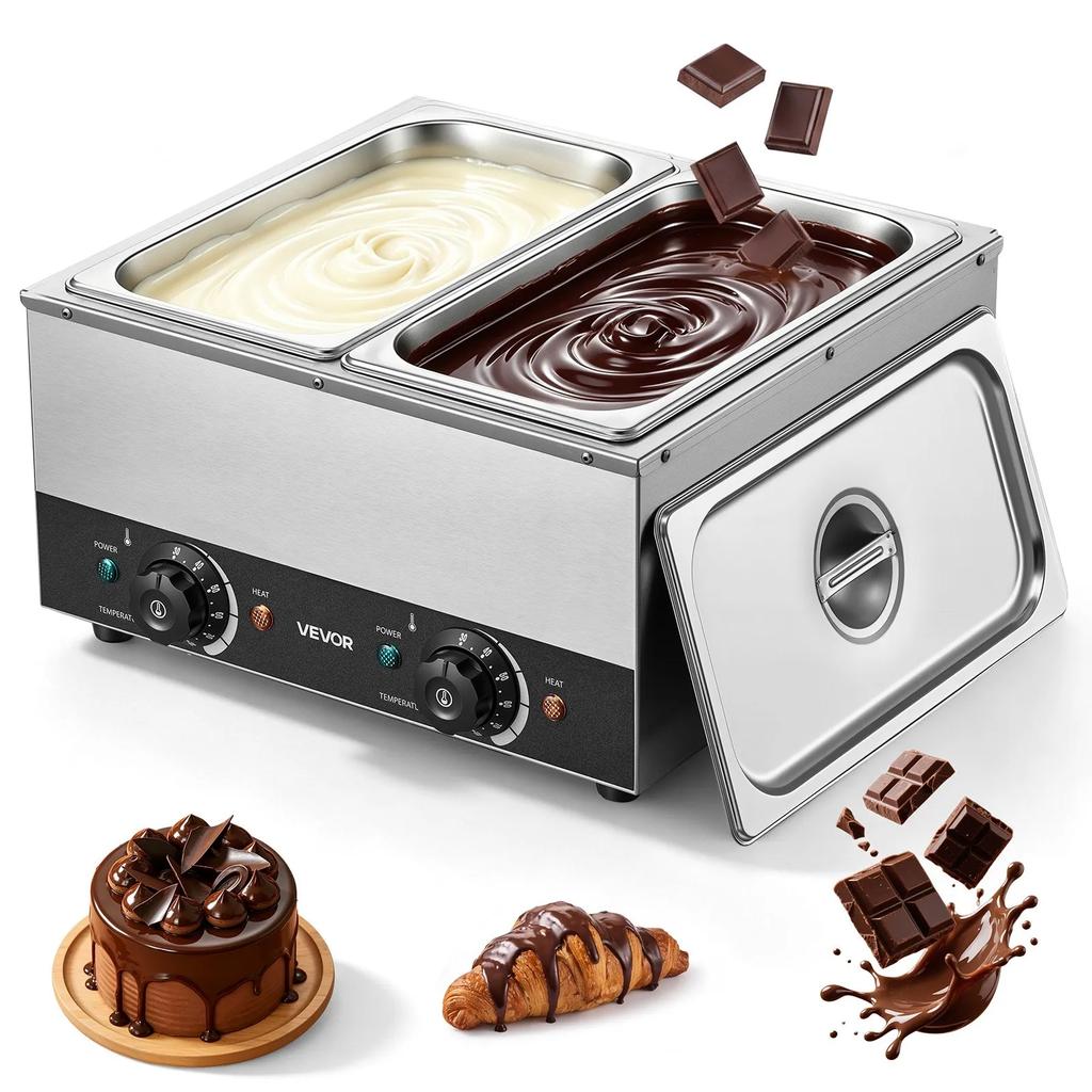 VEVOR 2-Temp Knob Chocolate Melting Machine, 2 Tanks 8.2 Kg Choc Melter, 1600W Power, Independent Temp Control, Water Bath Heat System