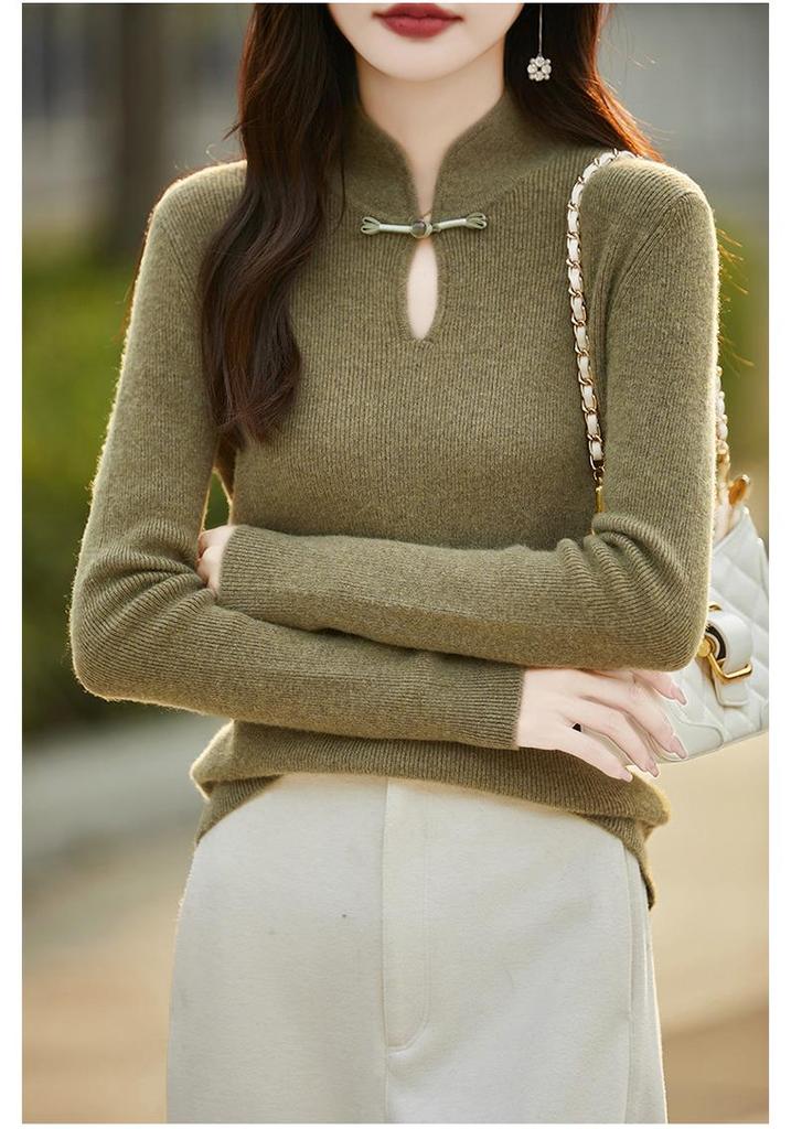 Women's Retro Chinese Style Pure Wool Button-Up Sweater - Slim-Fit Knitwear for Autumn/Winter