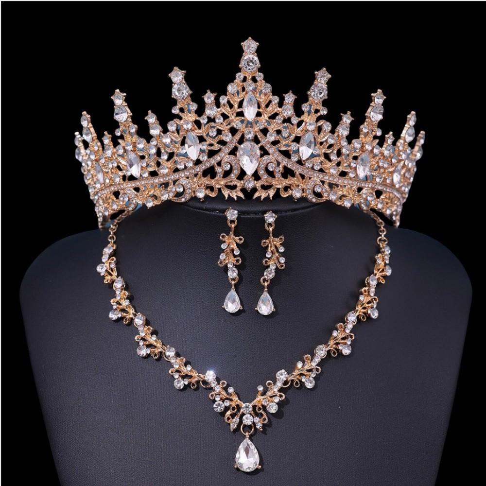 3 Pcs Metal Luxury Wedding Tiaras Shiny Necklace Earrings and Crown Sets Bride Jewelry Sets  Women