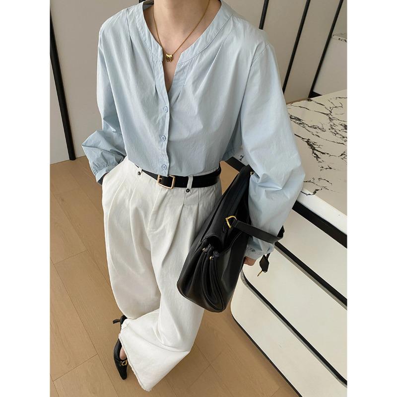 Sinan Spring V-Neck Lantern Sleeve Shirt SN8586 синий