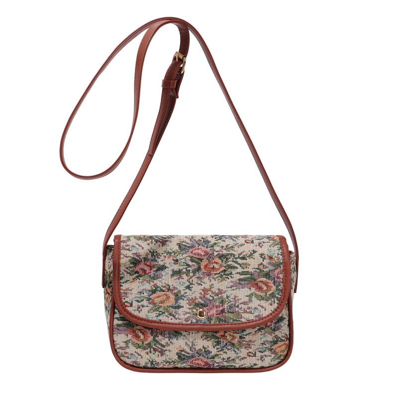 

Floral Pattern Crossbody Bag with Leather Trim and Flap Closure for Vintage Inspired Style коричневый