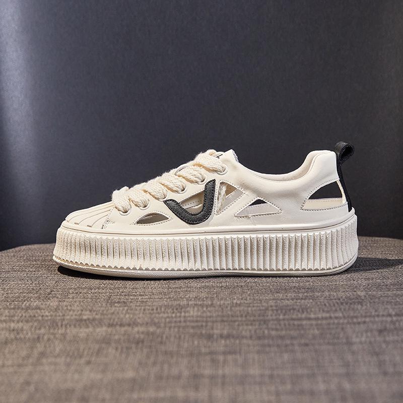 Women's Genuine Leather Summer White Sneakers - Shell Toe, Hollow Out, Thick Sole, Versatile Casual Skate & Sport Shoes.