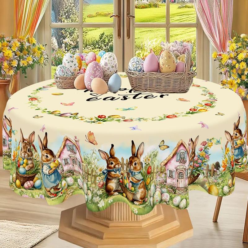 Vintage Easter Bunny Eggs Tablecloths Holiday Party Decor Spring Floral Rectangle/Round Table Cover Easter Decorations for Home