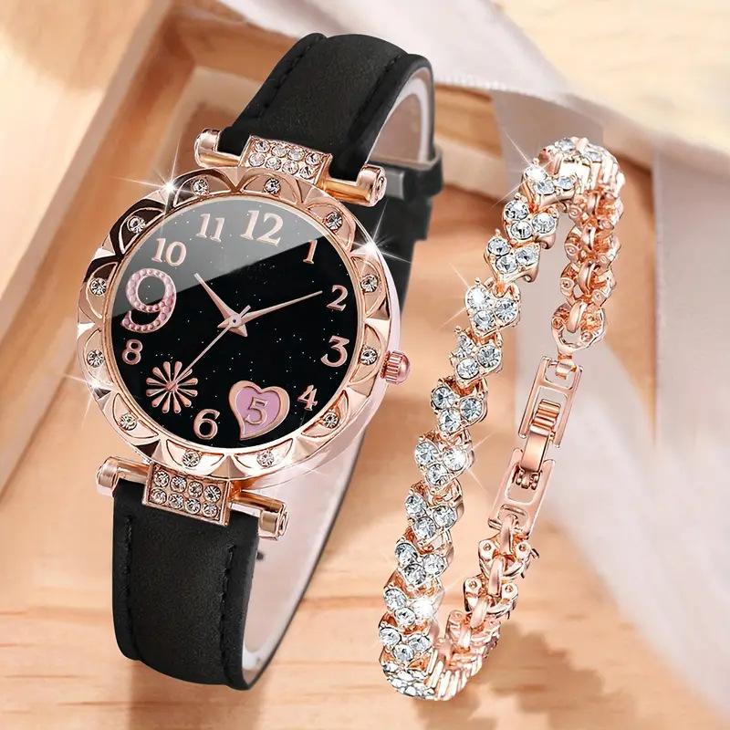 Ladies Belt Quartz Watch Love Dial Casual Fashion Women'S Watch Simple Watch + Bracelet