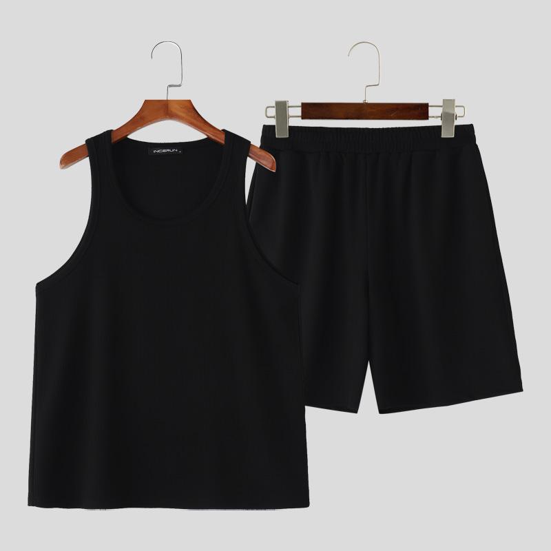 

INCERUN Two Pieces Summer Men Sleeveless Tank Tops and Loose Shorts Rib Outfits Sets чёрный