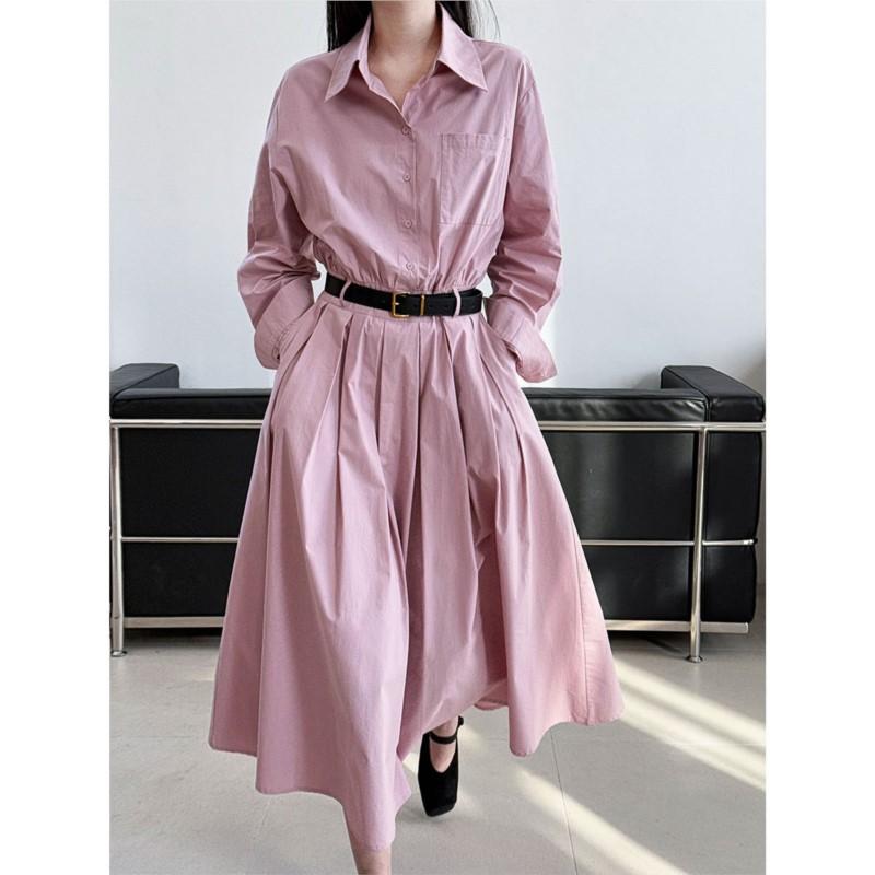 

Johnature Autumn Casual Fashion Shirt Dress Women French Polo Collar Waist Simple Solid Color Dresses L розовый