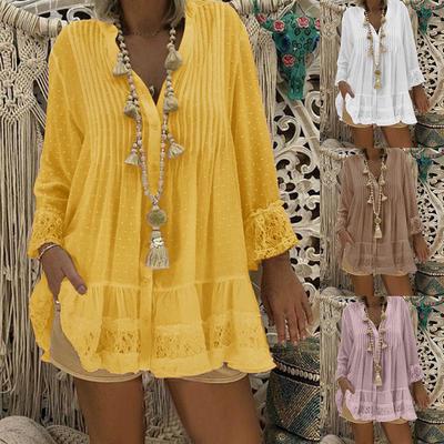 Women 'S Loose V -Neck Long Sleeve Button Down Lace Shirt Skirt Summer Casual Blouse