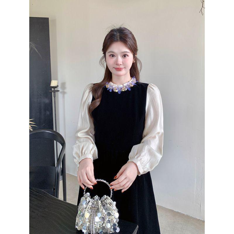 Plus-Size Hepburn-Style Velvet Dress for Women, French-Style Autumn and Winter Black Long-Sleeve Gown