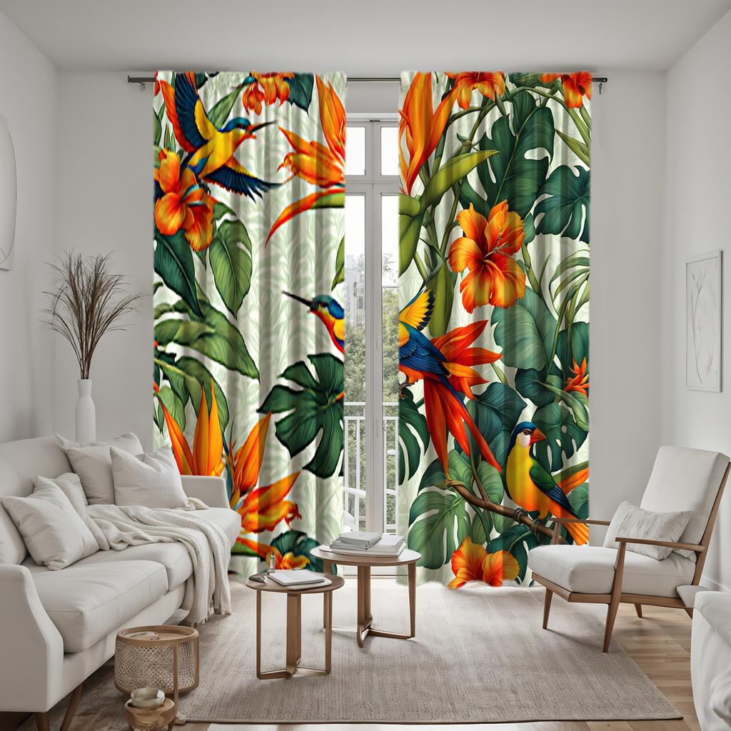 2 Stück HD Paradiesvogel Calla Lilie Vorhang Grün gelb digital bedruckter Vorhang Heimdekorationsstil Dekoration Wohnzimmer