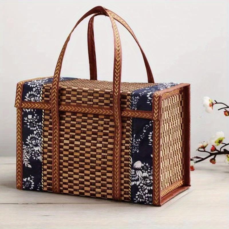 1pc Handcrafted Bamboo Picnic Basket With Handles, Rectangular Retro Style Foldable Bamboo Bag For Snacks & Fruits, Portable Woven Basket With Lid