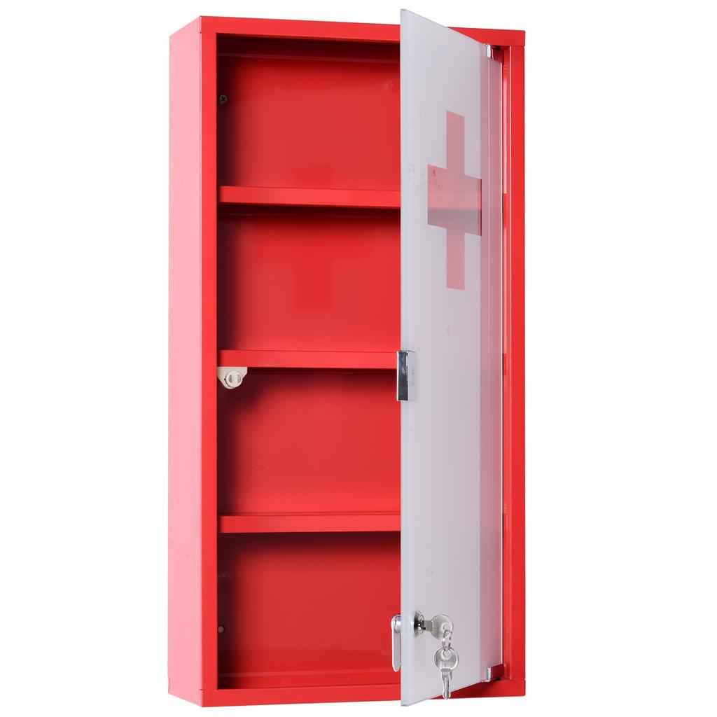 Gabinete de Medicina de Acero Rojo Montado en Pared con 3 Estantes + Puerta de Cristal de Seguridad con Cerradura 60 cm(H)