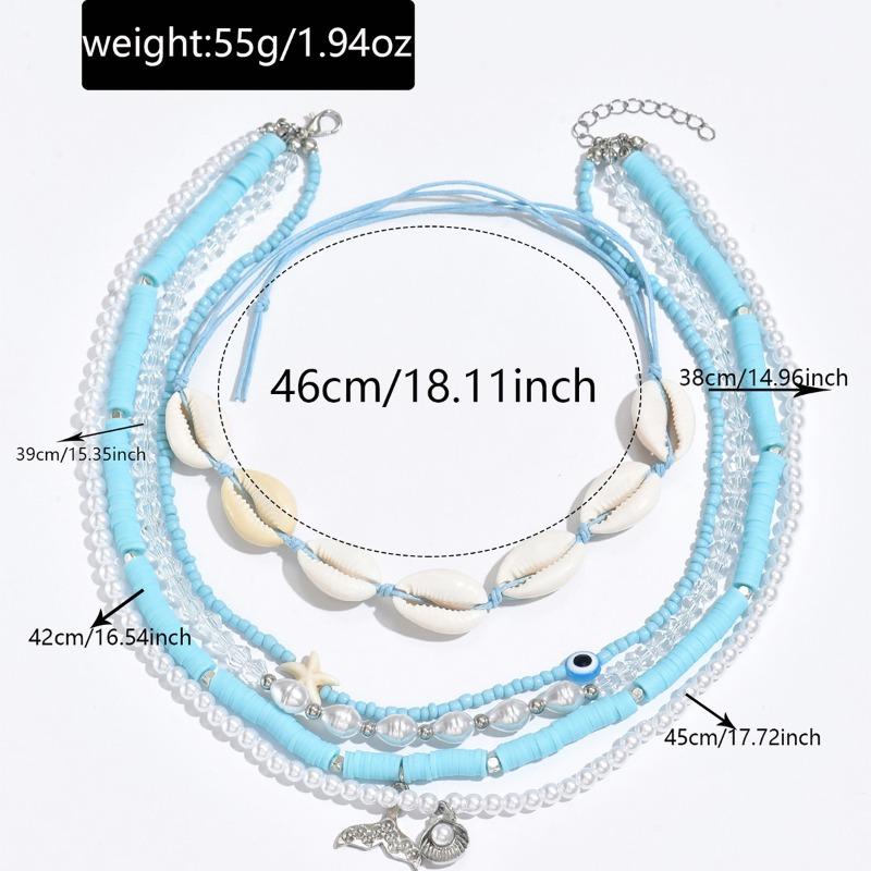Blue Bohemian Necklace Seaside Necklace Soft Pottery Pearl Shell Multilayer Stacked Necklace