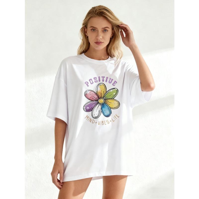 Oversized T-Shirt Black Positive Mind Vibes Life Flower Graphic Print Casual Wear