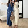Spring Fall Women Dress Button Decor V Neck Knitted Long Sleeves Slim Fit Patchwork Fishtail Hem Solid Color Stretchy Maxi Dress