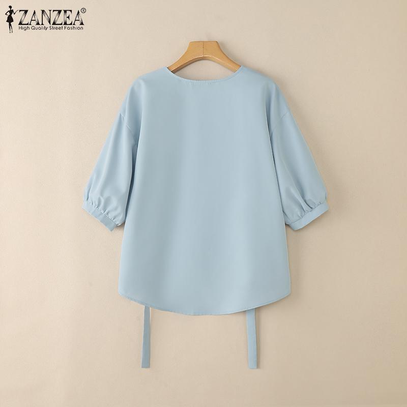 ZANZEA Damska luźna bluzka z okrągłym dekoltem i rękawami 3/4 na lato