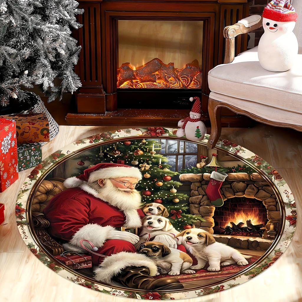 Santa and Puppy Christmas Round Rug, Welcome Doormat for Entrance, Washable Flannel Mat for Living Room, Patio, Festive Decor