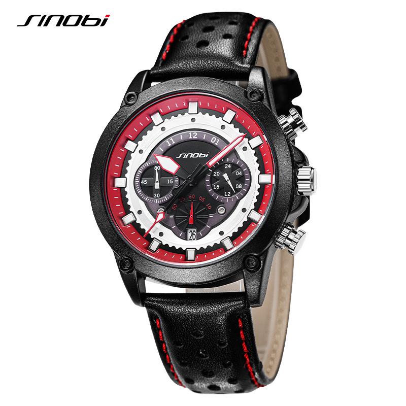 Sinobi Men s Large Dial Quartz Watch with Calendar, Fashion Leather Strap, Waterproof - Model 9864